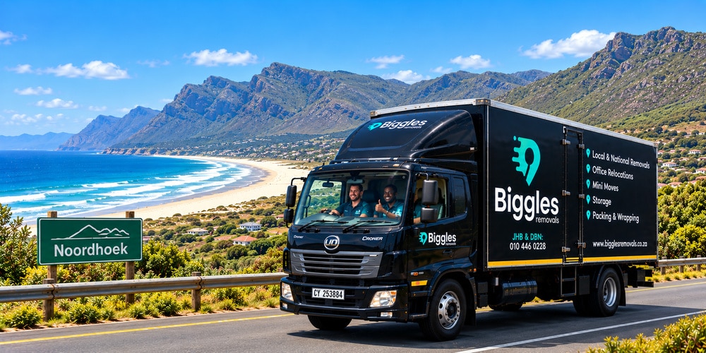 Biggles Removals truck above Noordhoek beach, furniture removals in Noordhoek and the Cape Peninsula