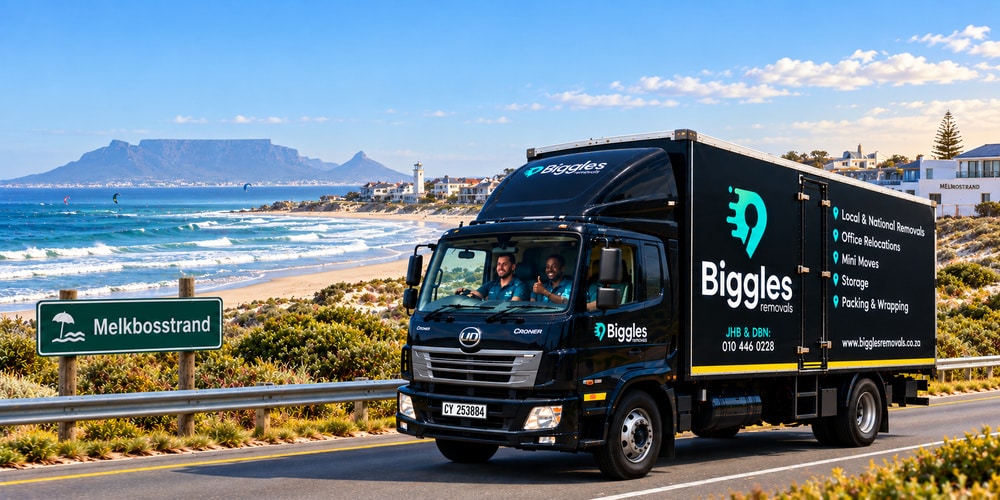 Biggles Removals truck at Melkbosstrand with Table Mountain across the bay, furniture removals on the Blaauwberg coast