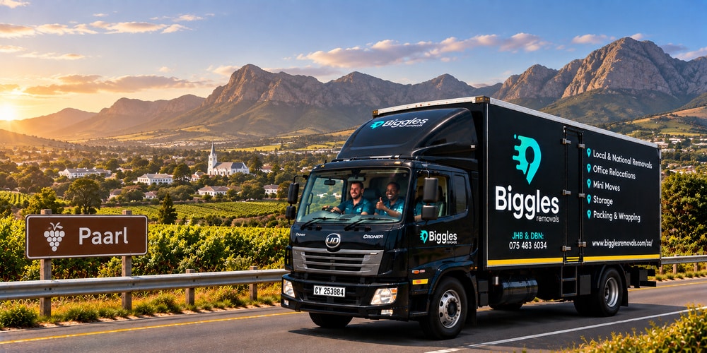 Biggles Removals truck on the road into Paarl, furniture removals in Paarl and the Cape Winelands