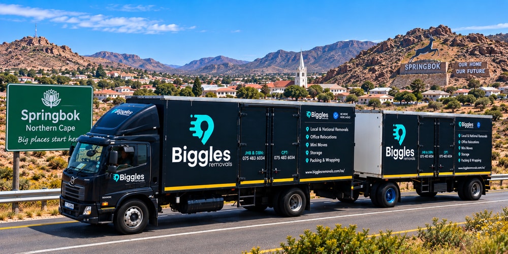 Biggles Removals truck below the Springbok hillside sign, furniture removals in Springbok and Namaqualand