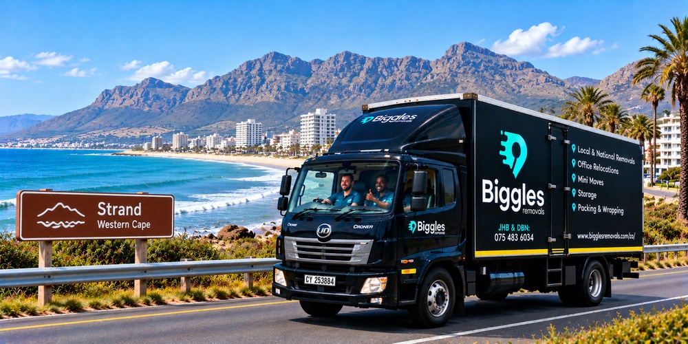 Biggles Removals truck above the Strand beachfront, furniture removals and moving services in Strand