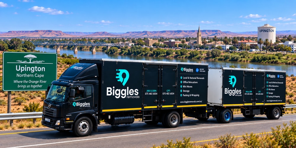 Biggles Removals truck beside the Orange River at Upington, furniture removals in Upington and the Green Kalahari